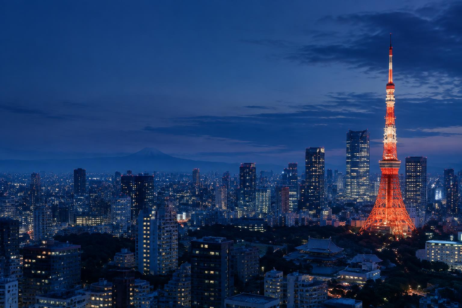 Tokyo skyline at blue hour with Tokyo Tower